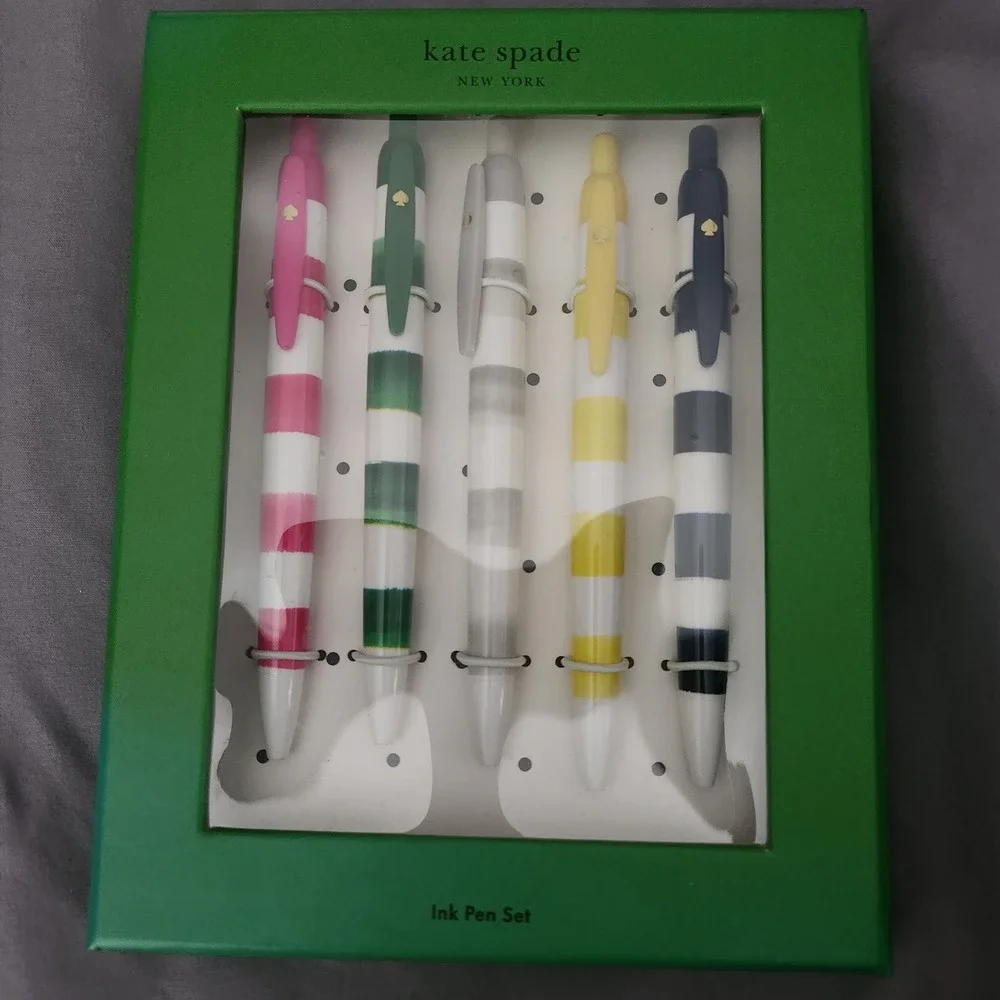 Kate Spade New York Rugby Stripe Ink Pen Set of 5 Black Ink Retractable Colorful